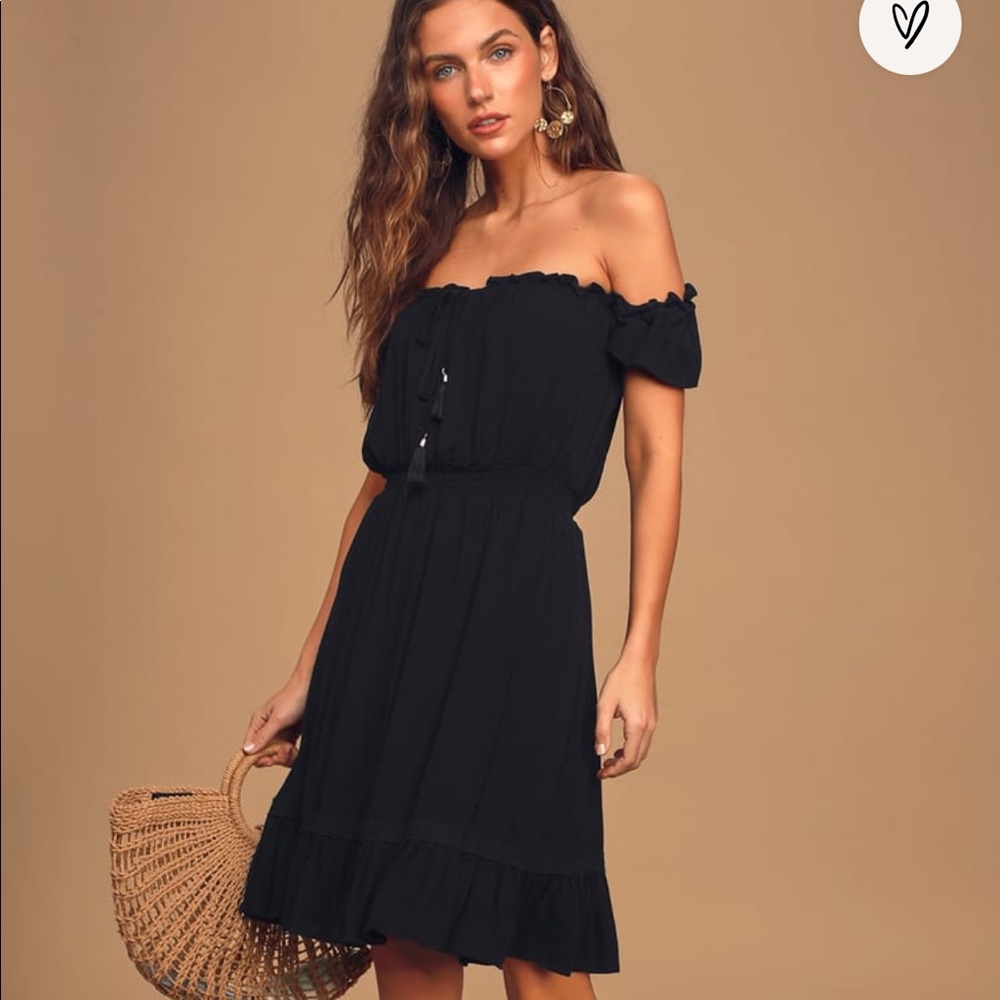 LULU’S Palmeras Black Off-the-Shoulder Mini Dress